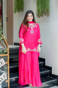 Premium Pure Mul Chanderi Handwork Suit Set – Top, Palazzo & Chiffon Dupatta