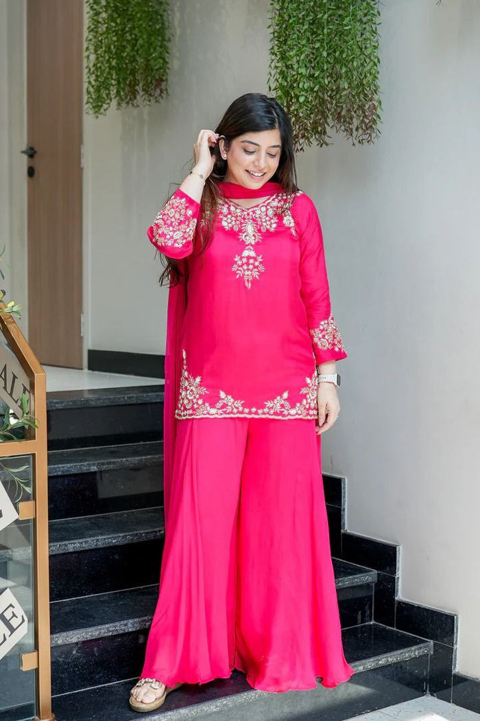Premium Pure Mul Chanderi Handwork Suit Set – Top, Palazzo & Chiffon Dupatta