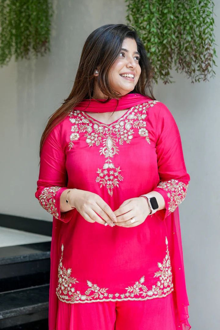 Premium Pure Mul Chanderi Handwork Suit Set – Top, Palazzo & Chiffon Dupatta