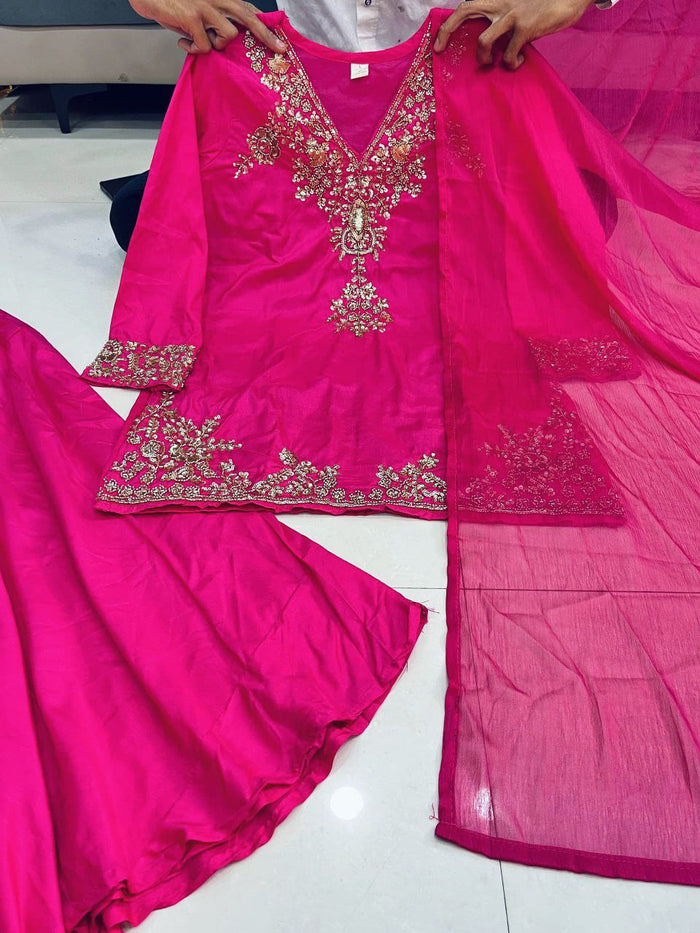 Premium Pure Mul Chanderi Handwork Suit Set – Top, Palazzo & Chiffon Dupatta