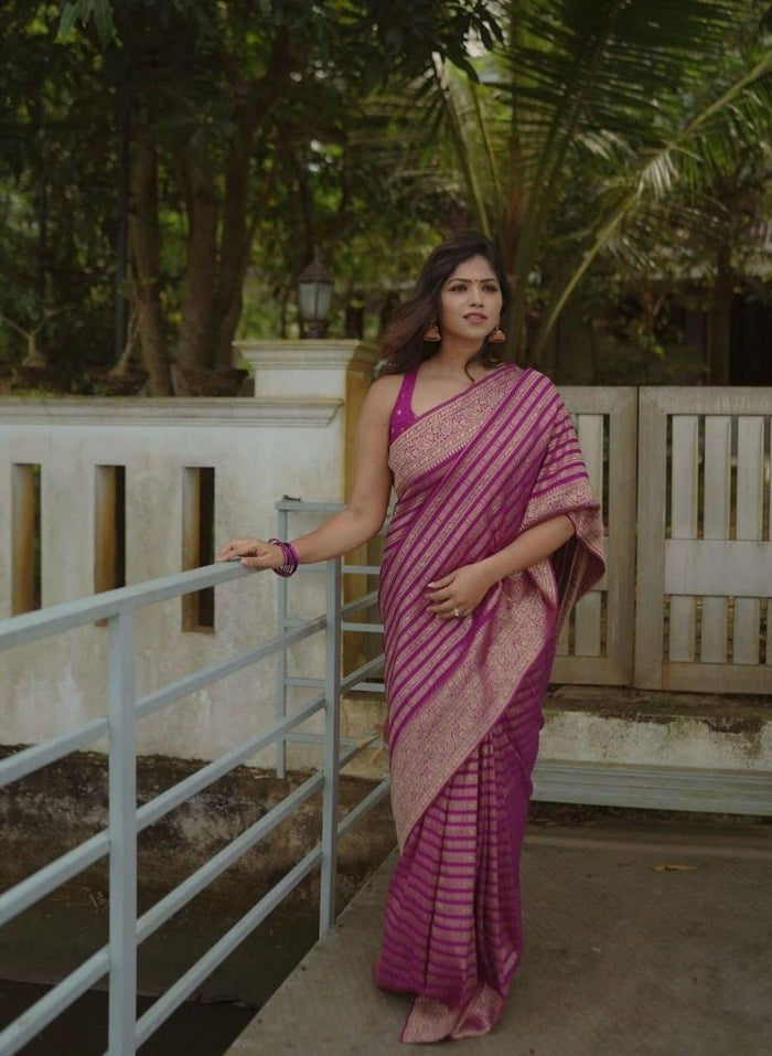 Pink Banarasi Soft Silk Saree With Zari Weaving Work