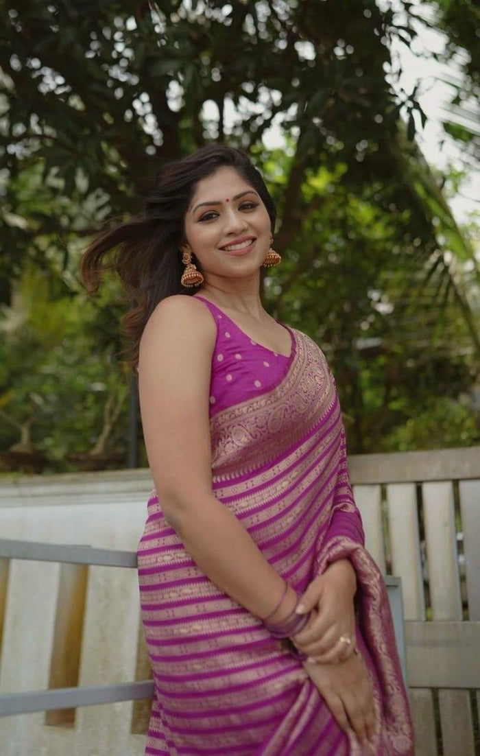 Pink Banarasi Soft Silk Saree With Zari Weaving Work