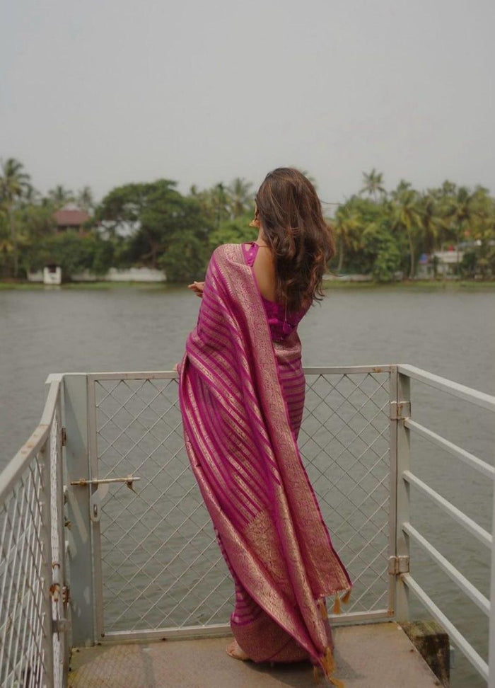 Pink Banarasi Soft Silk Saree With Zari Weaving Work