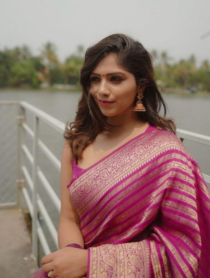 Pink Banarasi Soft Silk Saree With Zari Weaving Work