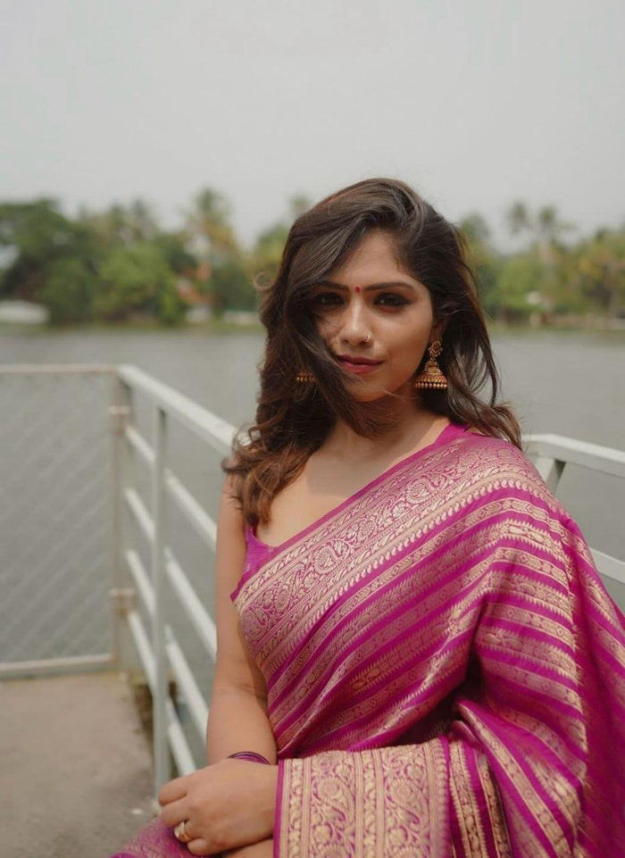 Pink Banarasi Soft Silk Saree With Zari Weaving Work