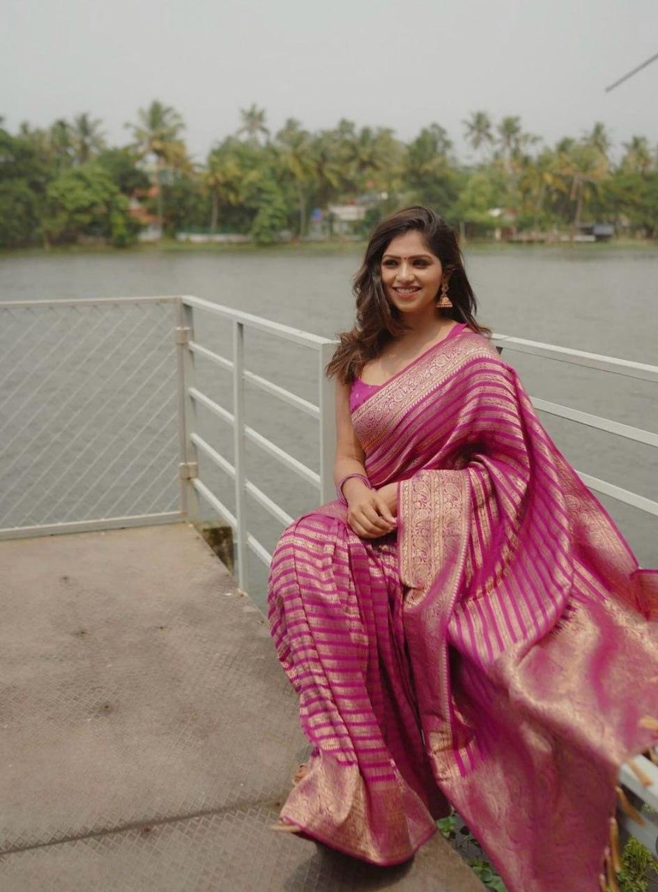 Pink Banarasi Soft Silk Saree With Zari Weaving Work - Ibis Fab