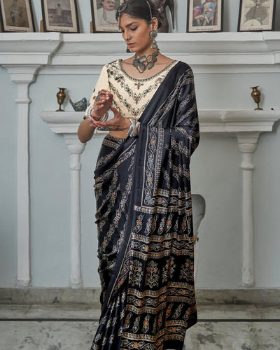 Pleasant Black Colored Printed Pure Soft Silk Saree - Ibis Fab