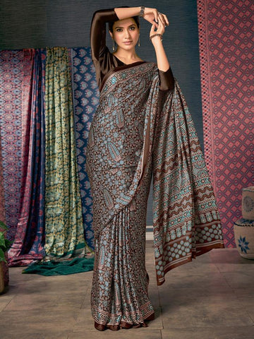 Printed Brown Colored pure Silk Saree with Blouse Piece