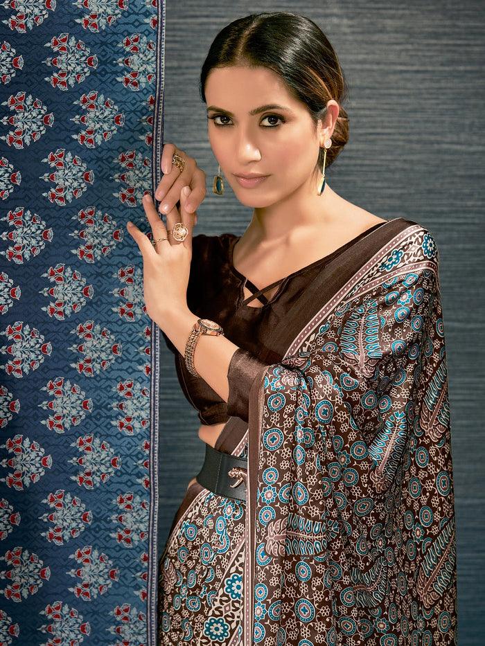 Printed Brown Colored pure Silk Saree with Blouse Piece