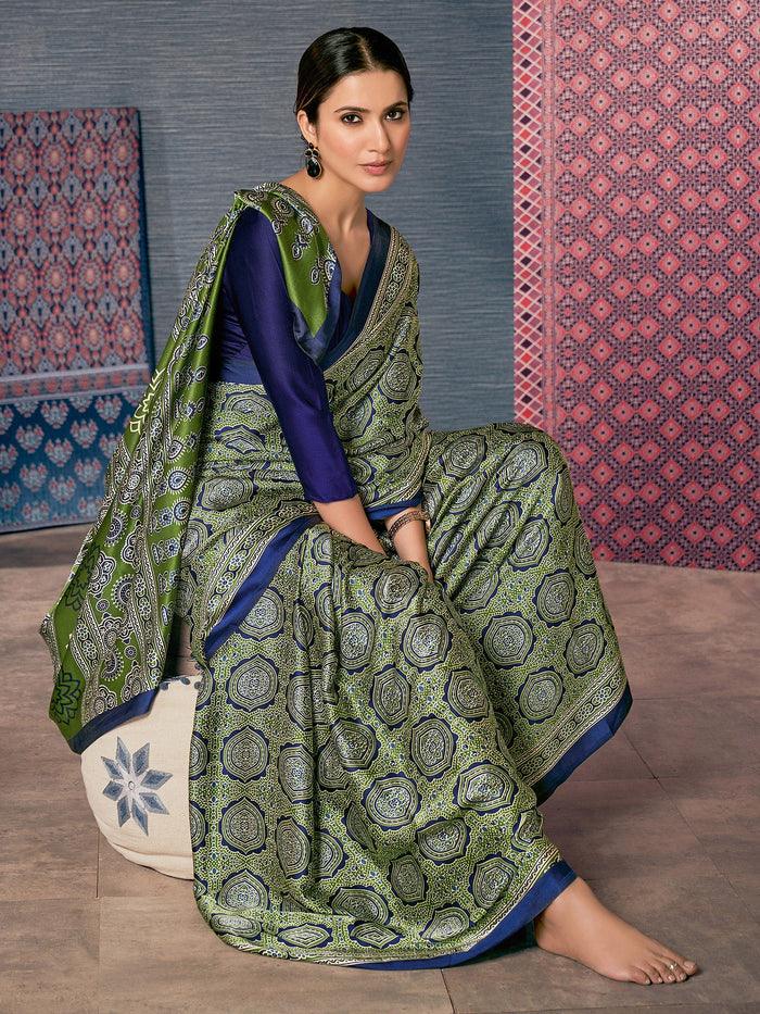 Printed Green Colored pure Silk Saree
