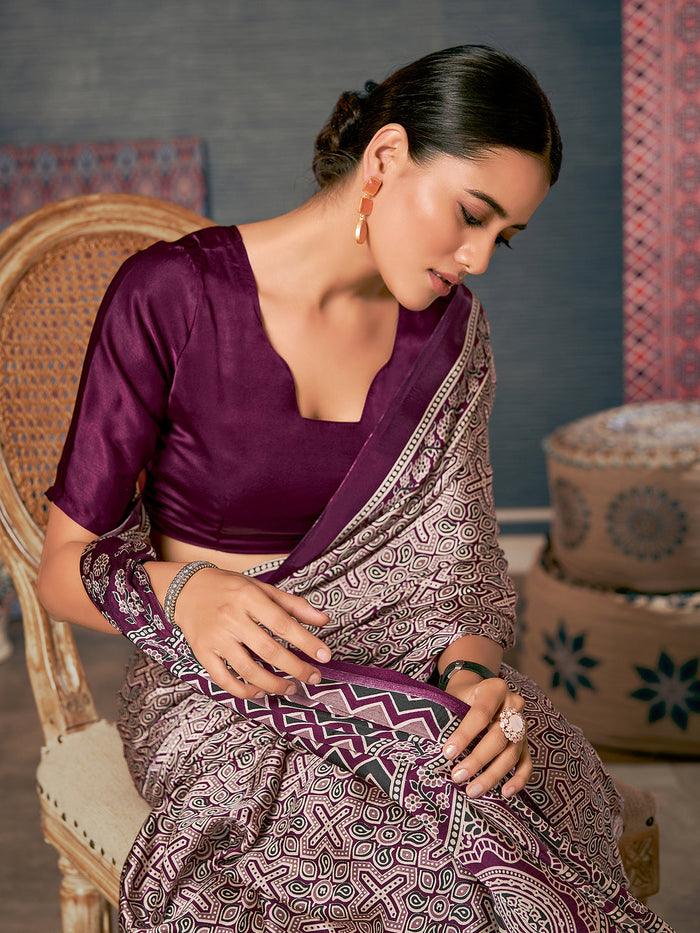 Printed Purple Colored pure Silk Saree with Blouse Piece - Ibis Fab