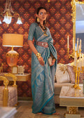 Prominent Sky Blue Colored Printed Pure Soft Silk Saree