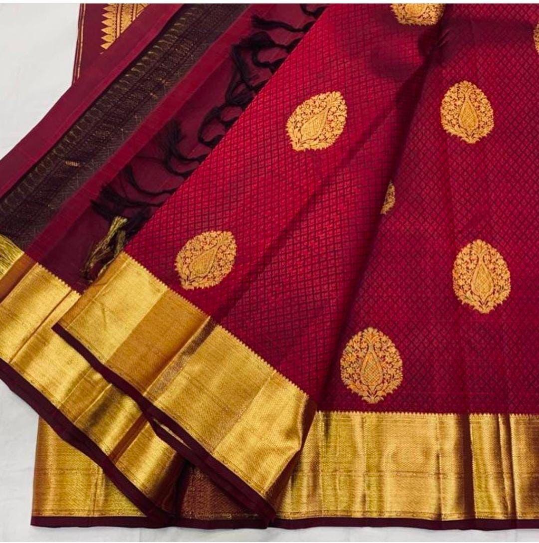 Pure jacquard Silk Dark Red Colour beautiful Sarees Wedding Wear - Ibis Fab