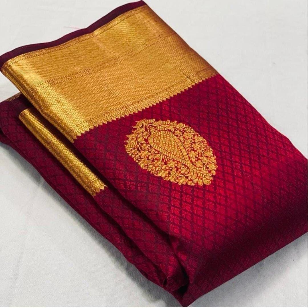 Pure jacquard Silk Dark Red Colour beautiful Sarees Wedding Wear - Ibis Fab