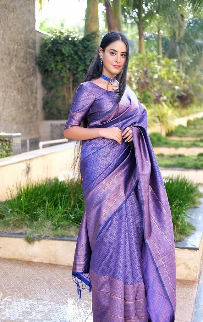 Pure jacquard Silk Sarees Blue Colour, Festival Wear - Ibis Fab