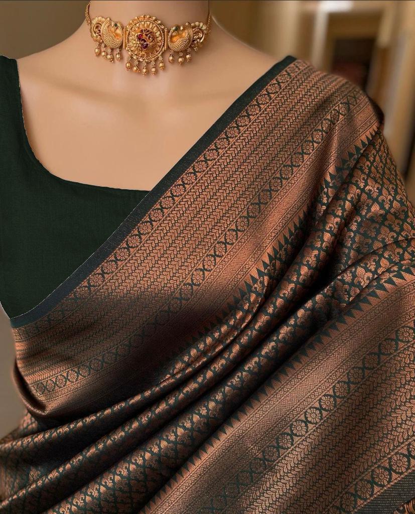 Pure jacquard Silk Sarees Dark Green Colour, Wedding Wear - Ibis Fab