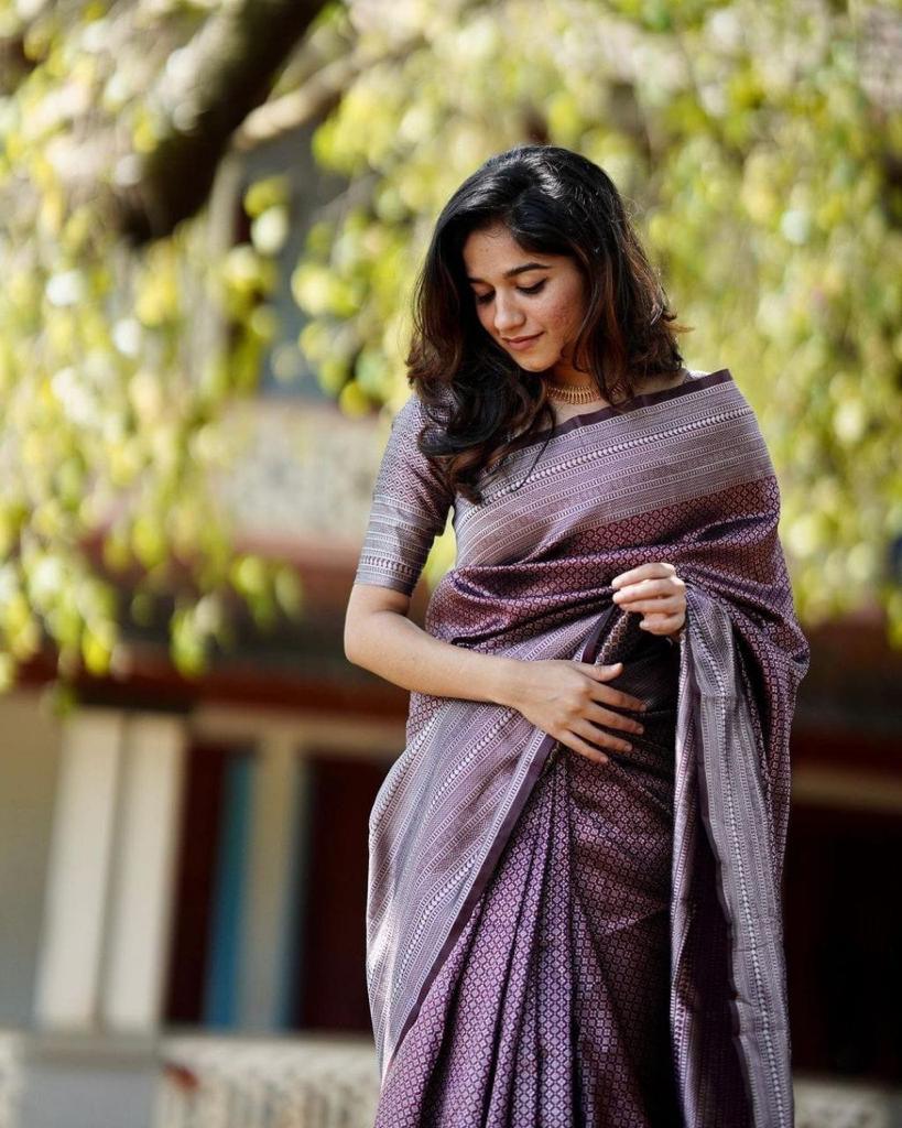 Pure jacquard Silk Sarees Dark Wine Colour, Festival Wear - Ibis Fab