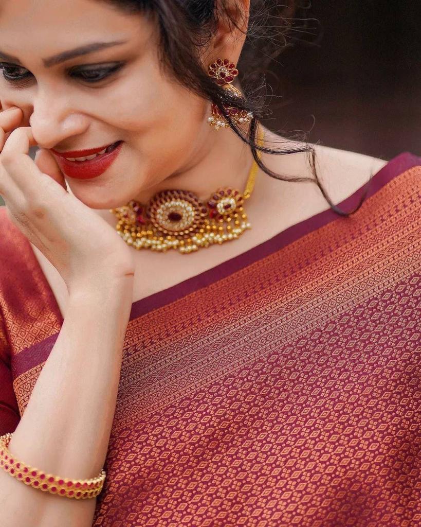 Pure jacquard Silk Sarees Maroon Colour, Festival Wear - Ibis Fab