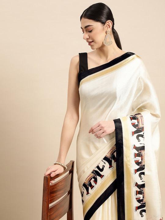 Pure linen saree in White, festive wear - Ibis Fab