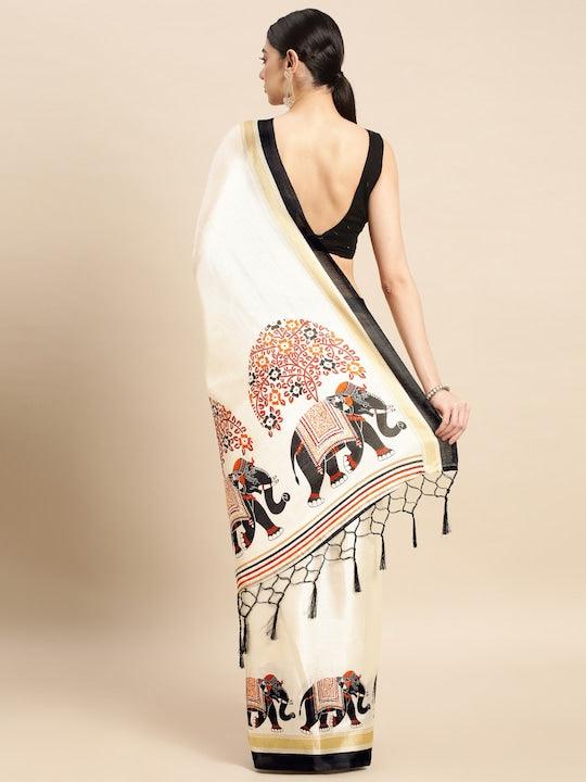 Pure linen saree in White, festive wear - Ibis Fab