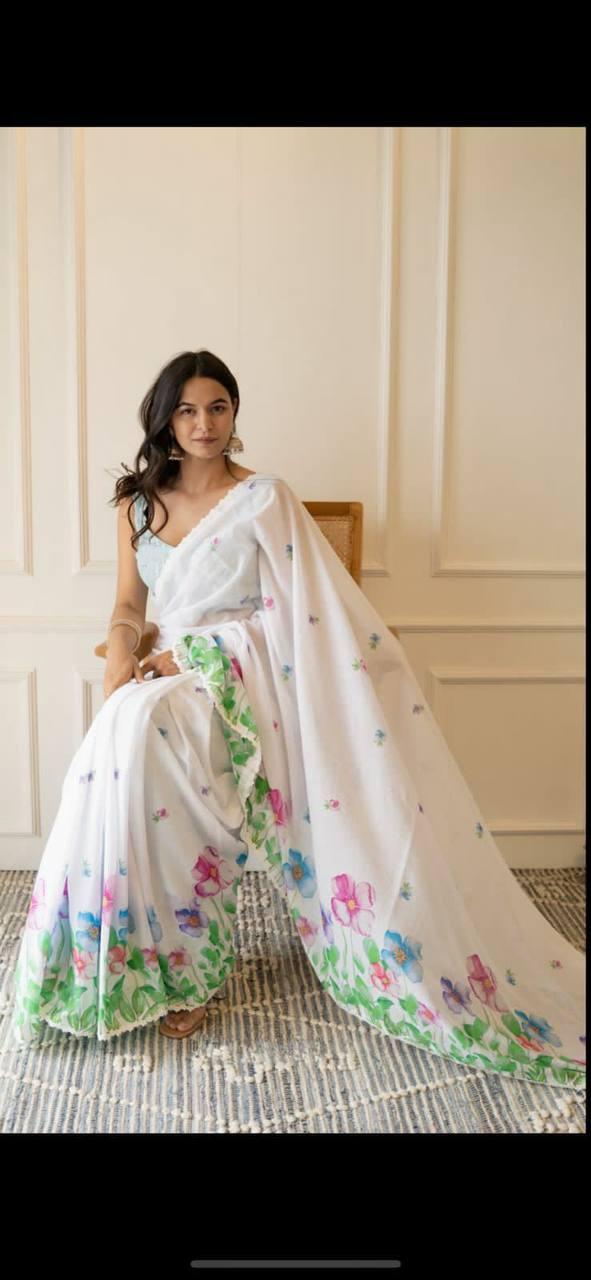 Pure Linen White All Over Digital Printed With Blouse