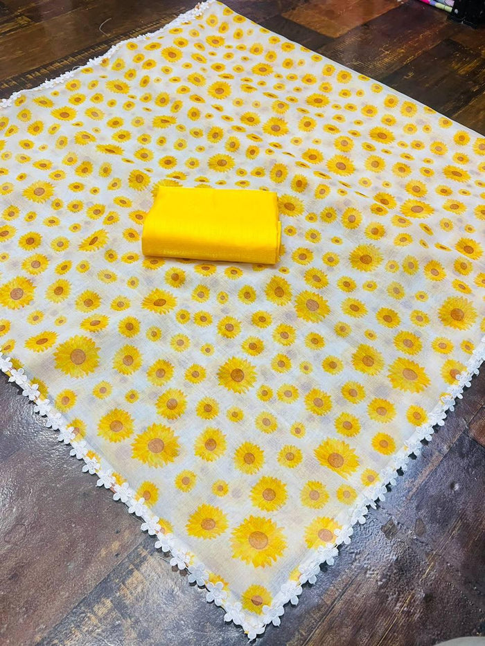 Pure Linen White And Yellow Digital Printed With Fancy saree