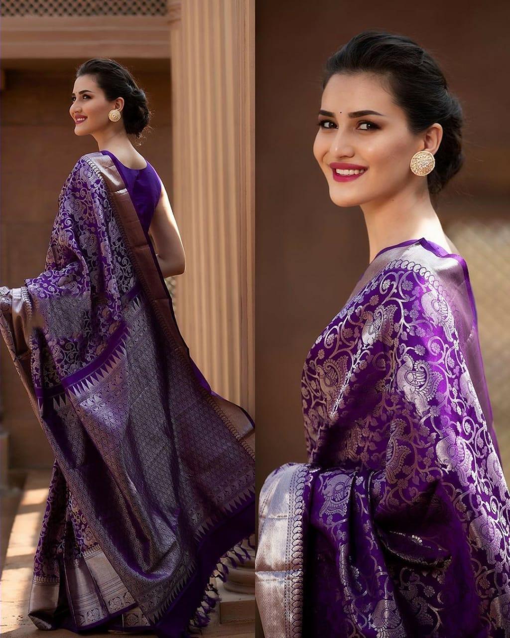 Purple Soft Banarasi Silk Saree - Ibis Fab