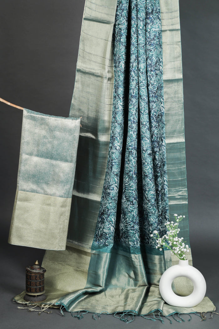 Refreshing Rama Colored Cotton Linen Designer Printed Saree