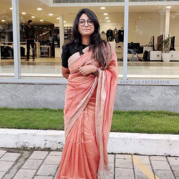 Rose Gold Colour Women's Plain Linen Saree With Party Wear