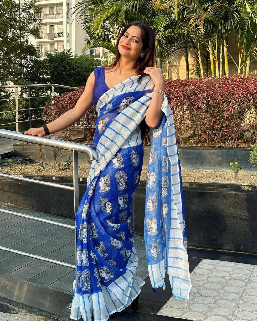 Royal Blue Printed Daily Wear Pure Linen Saree - Ibis Fab