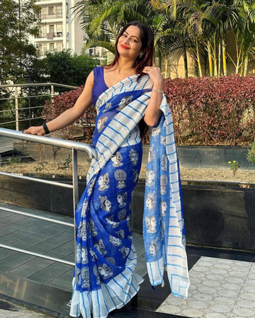 Royal Blue Printed Daily Wear Pure Linen Saree