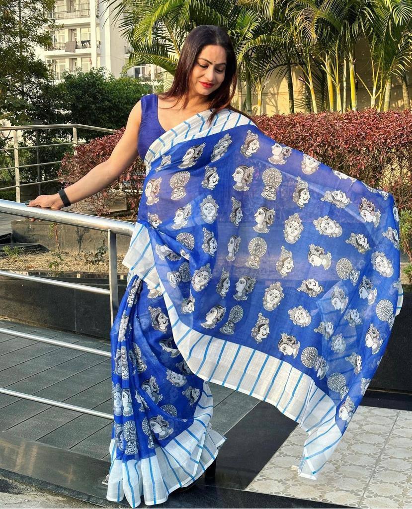 Royal Blue Printed Daily Wear Pure Linen Saree - Ibis Fab