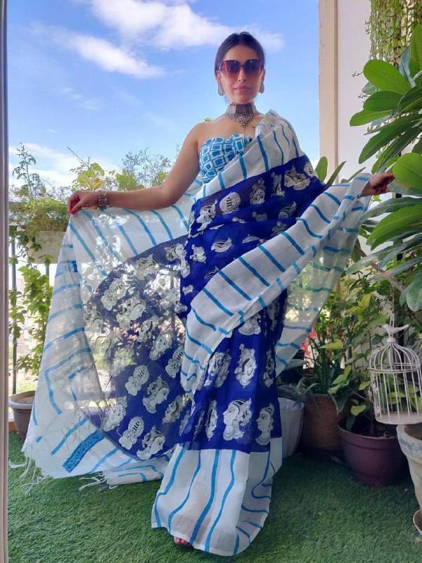 Royal Blue Printed Daily Wear Pure Linen Saree - Ibis Fab