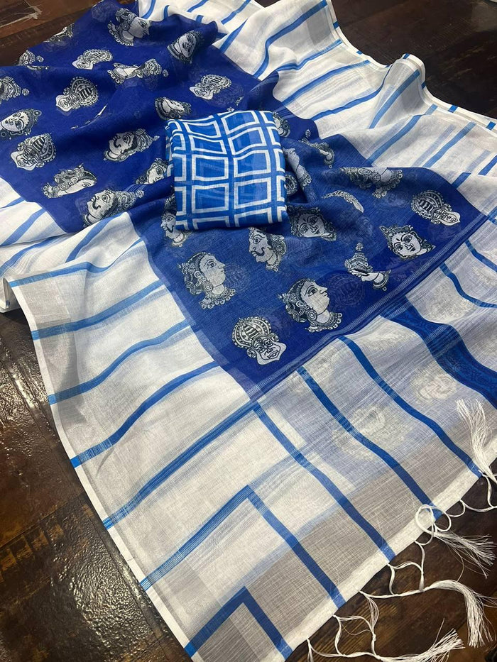 Royal Blue Printed Daily Wear Pure Linen Saree