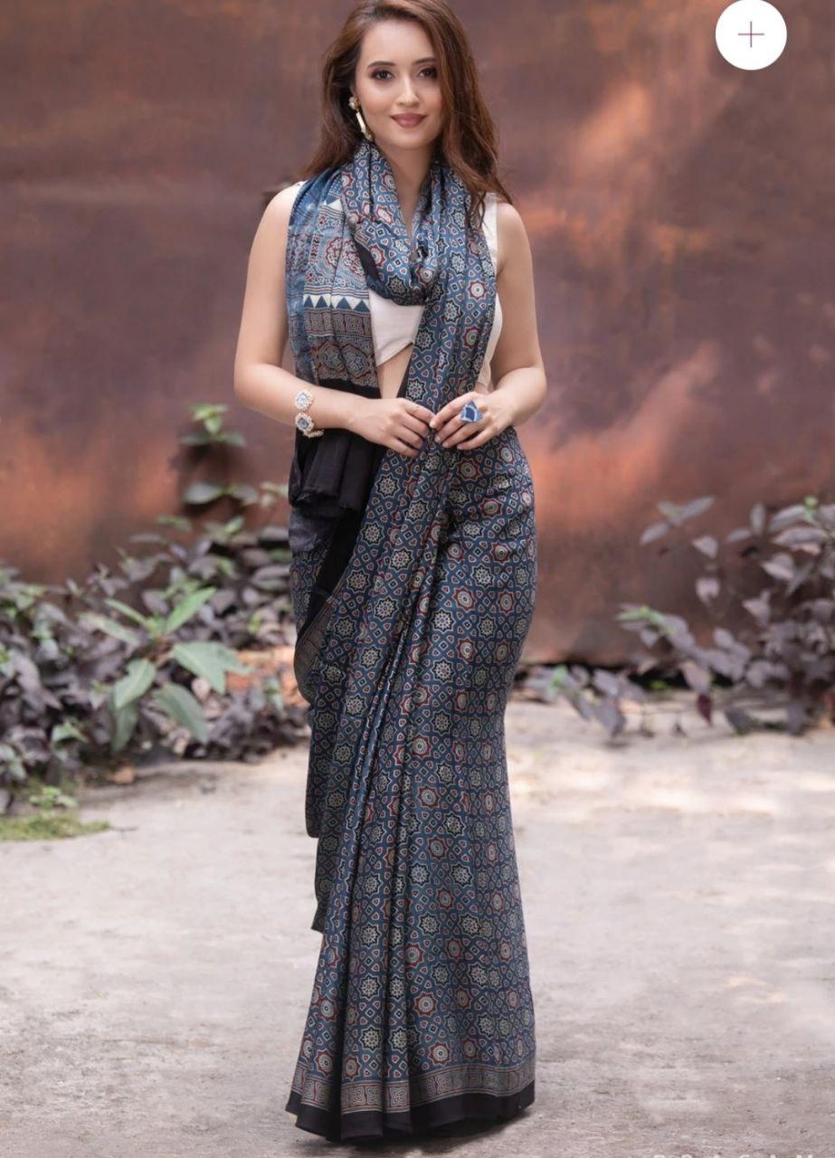 Shark blue color kalamkari saree - Ibis Fab