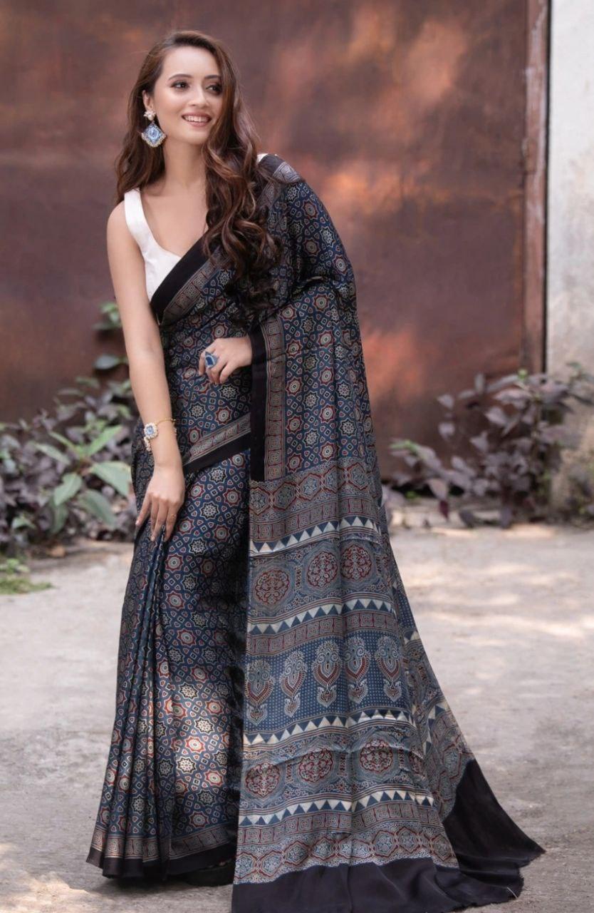 Shark blue color kalamkari saree - Ibis Fab