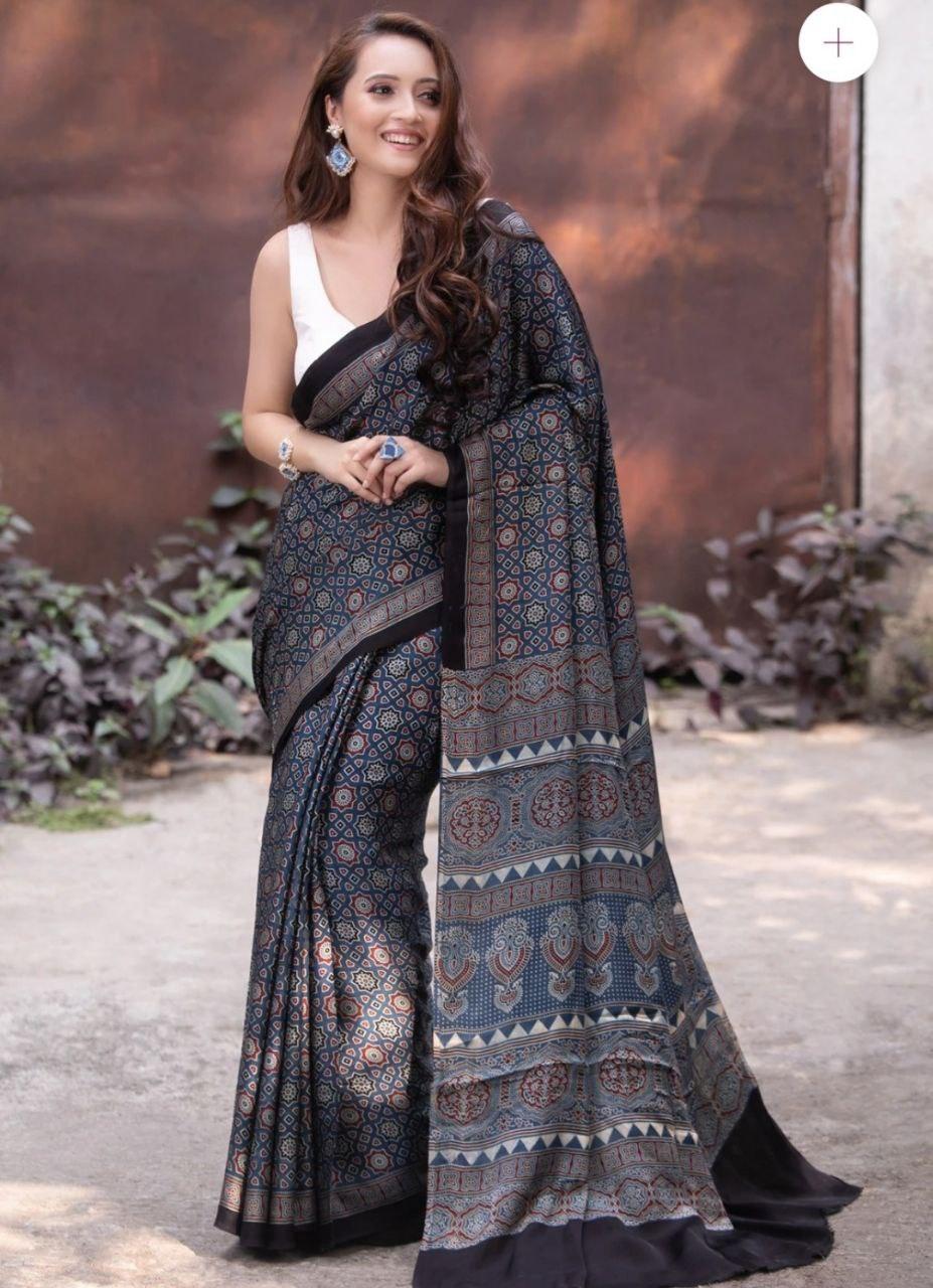 Shark blue color kalamkari saree - Ibis Fab