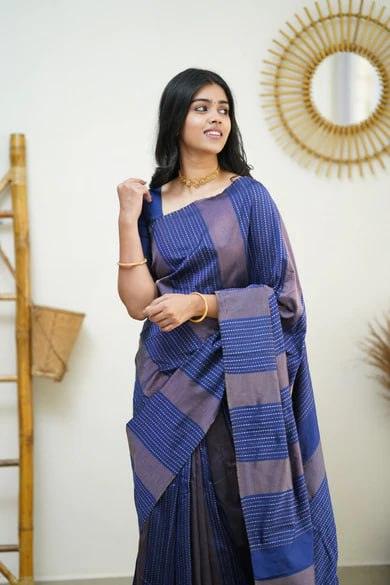 Silk Magenta Blue Weaved Thread and Zari Saree - Ibis Fab