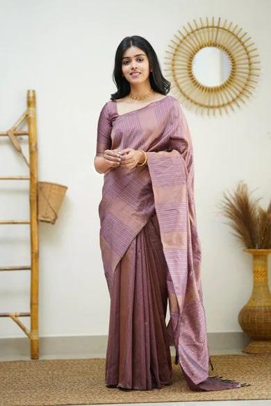 Silk Magenta Rose Gold Weaved Thread and Zari Saree - Ibis Fab