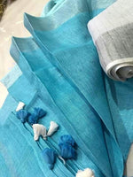 Sky Blue Colour Women's Plain Linen Saree