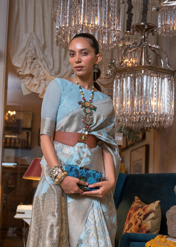 Sky Blue Linen Woven Saree With Unstitched Blouse