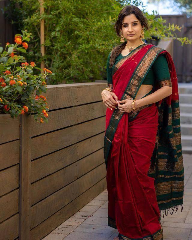 Soft lichi silk Red saree - Ibis Fab