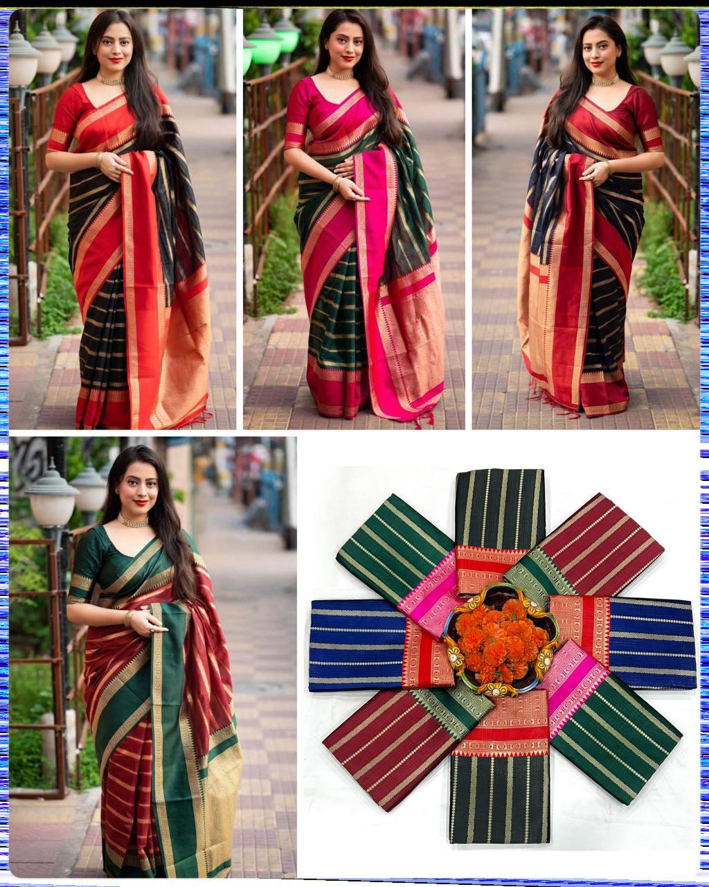 Soft silk saree, striped design n tassled pallu, running blouse - Ibis Fab