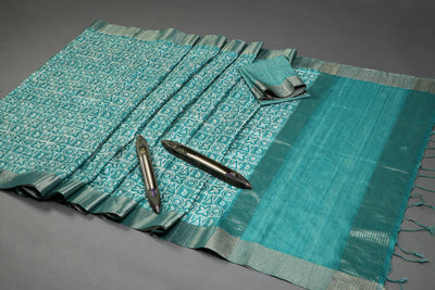 Stunning Sea Green Colored Cotton Linen Designer Printed Saree - Ibis Fab