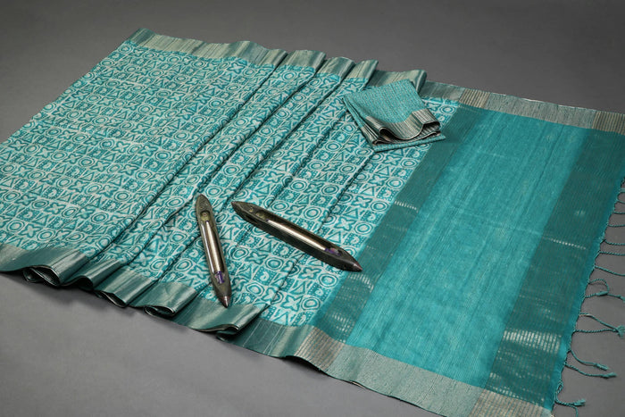Stunning Sea Green Colored Cotton Linen Designer Printed Saree