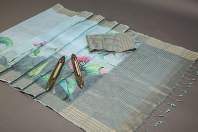 Stunning Sky Blue Colored Cotton Linen Designer Printed Saree - Ibis Fab