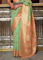style bazaar peach & Green Linen Silk Saree - Ibis Fab