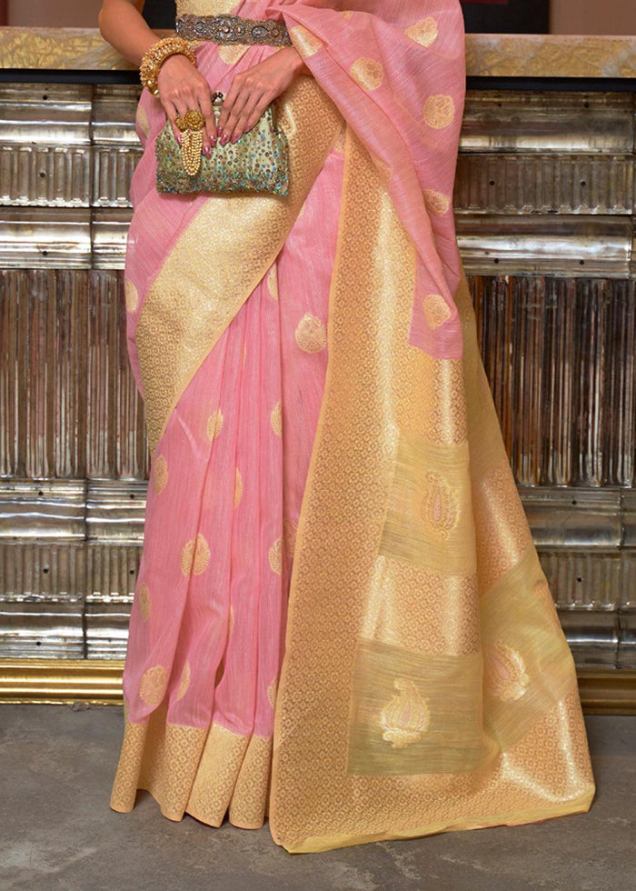 style bazaar Pink & Yellow Linen Silk Saree