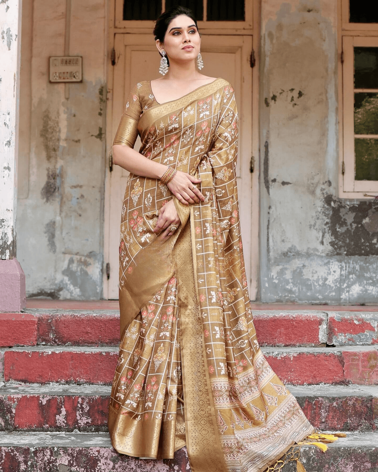 Stylish Beige Color Jacquard Silk Saree - Ibis Fab