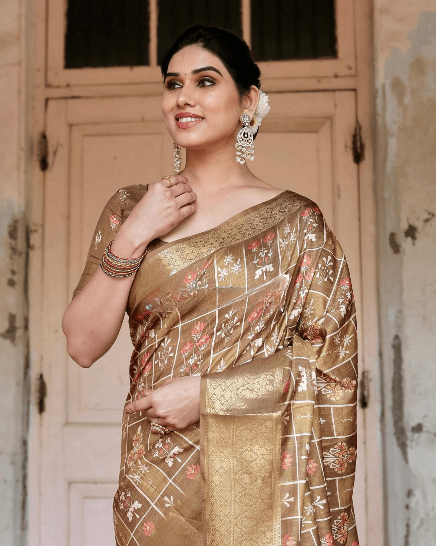 Stylish Beige Color Jacquard Silk Saree - Ibis Fab